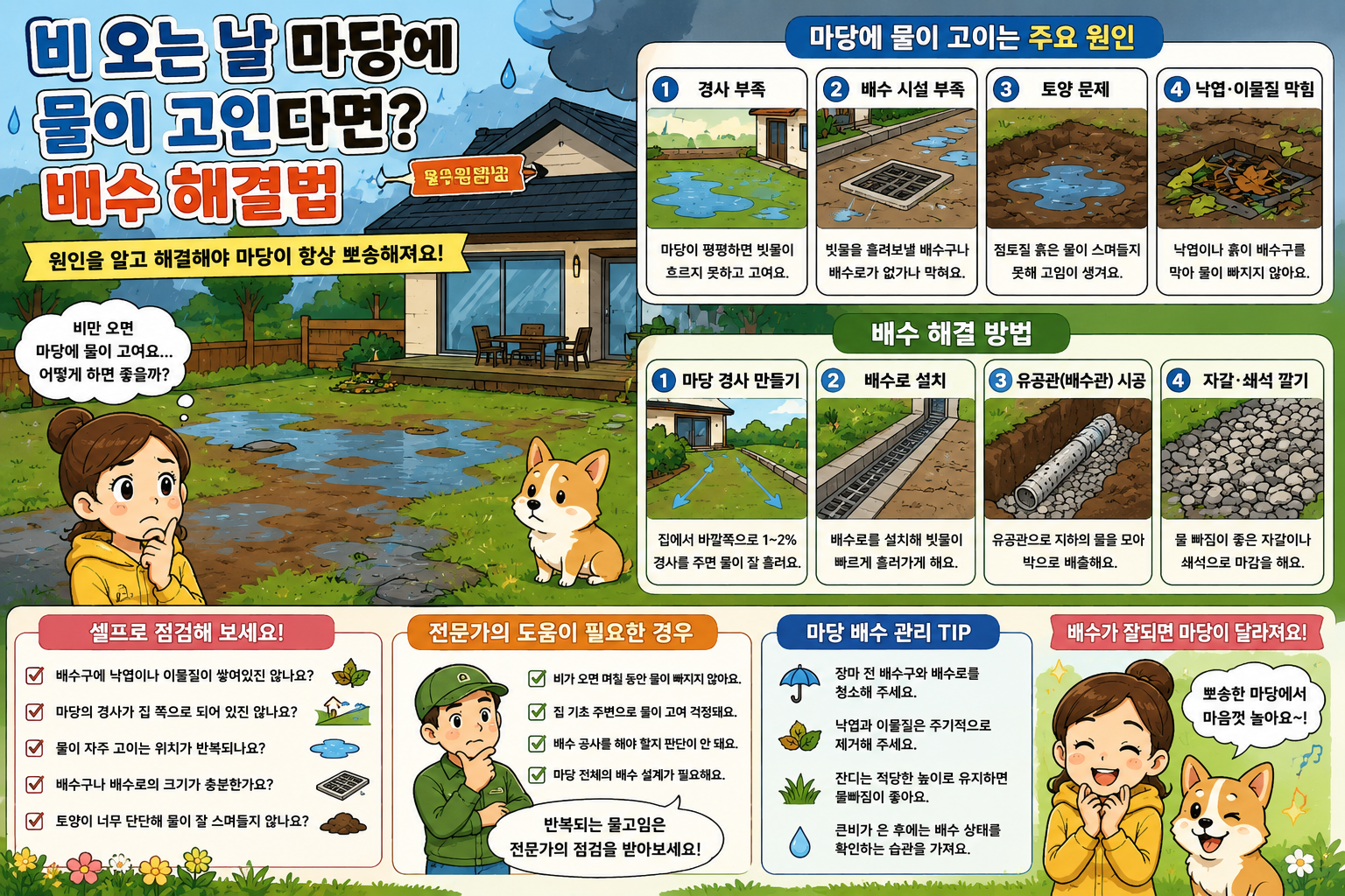 비 오는 날 마당에 물이 고인다면? 배수 해결법