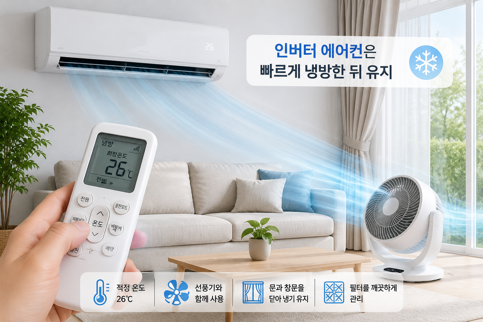 인버터 에어컨 전기세 절약을 위해 선풍기와 함께 사용하는 모습