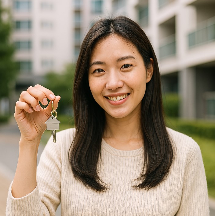 국민임대주택 임대에 성공하여 집 열쇠를 쥐고 웃고 있는 여성의 모습
