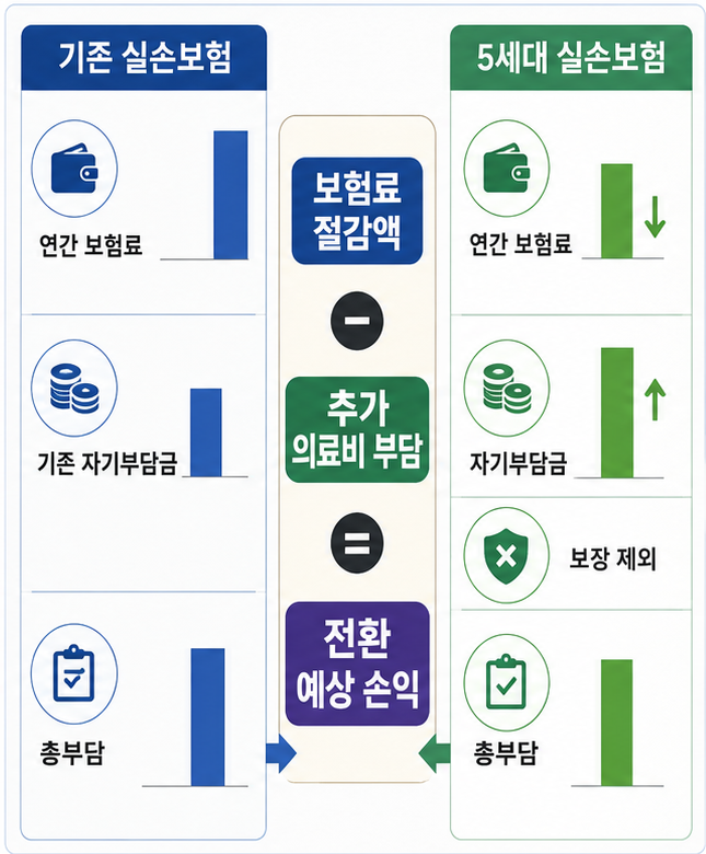 5세대 실손보험 전환 전 기존 실손보험료와 예상 자기부담금을 비교하는 계산표