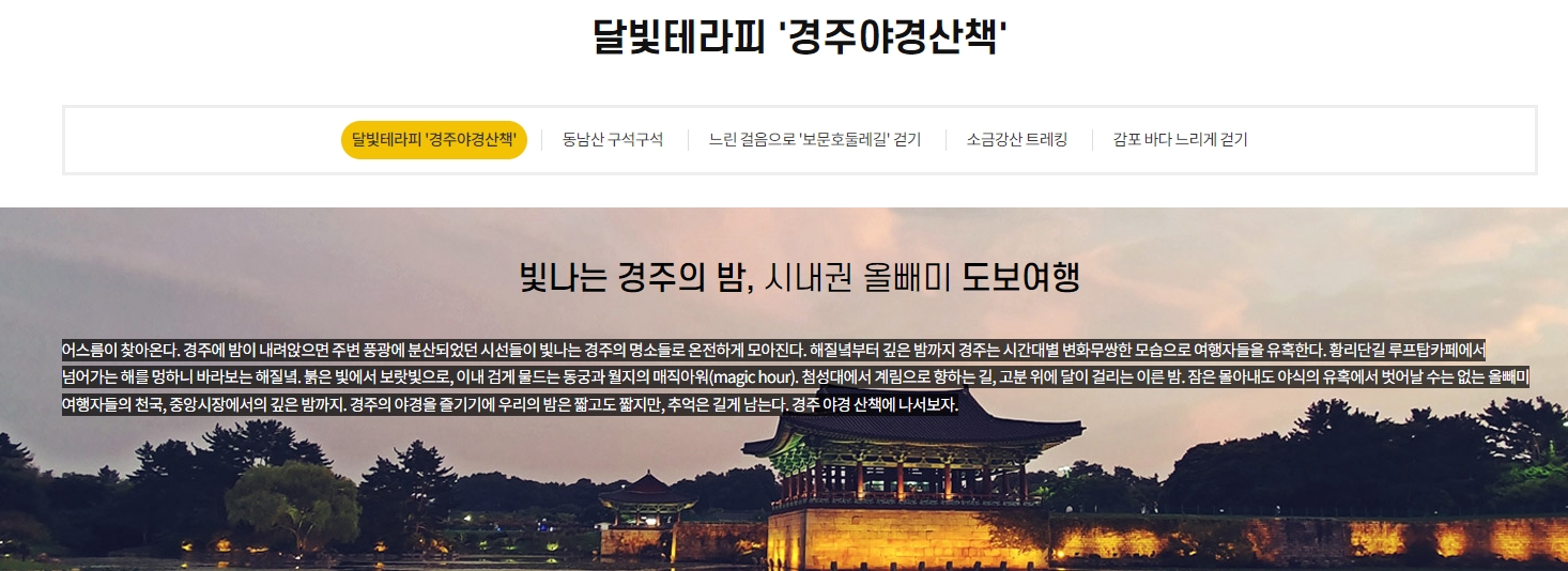 경주의 주요 야경 명소를 효율적으로 둘러볼 수 있는 신라달빛기행 코스 안내 화면