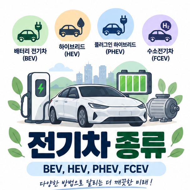 전기차 종류와 BEV HEV PHEV FCEV 네 가지 구동 방식을 보여주는 이미지