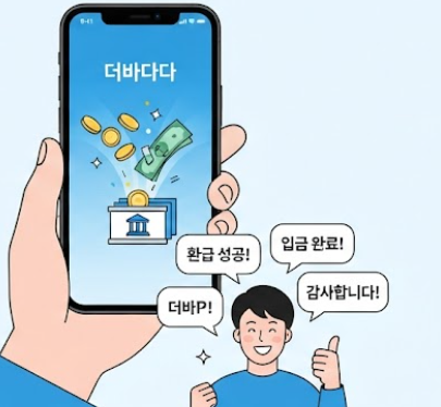더바다 환급을 확인 후 입급받아 기뻐하는 사람의 모습 인포그래픽