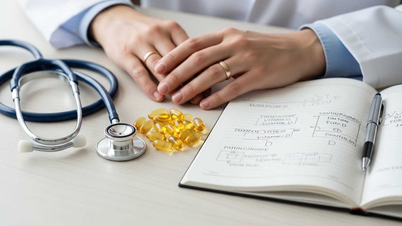 비타민-D-캡슐,-청진기,-노트가-놓인-책상-위에-의사의-손이-놓여-있는-현실적인-장면입니다.