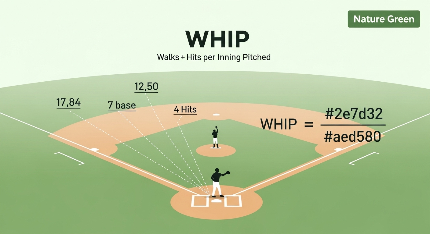 WHIP (이닝당 출루 허용률)의 개념을 시각화한 인포그래픽. 투수와 주자들이 1루로 향하는 길을 도형으로 나타내며 WHIP 공식이 강조되어 있다.