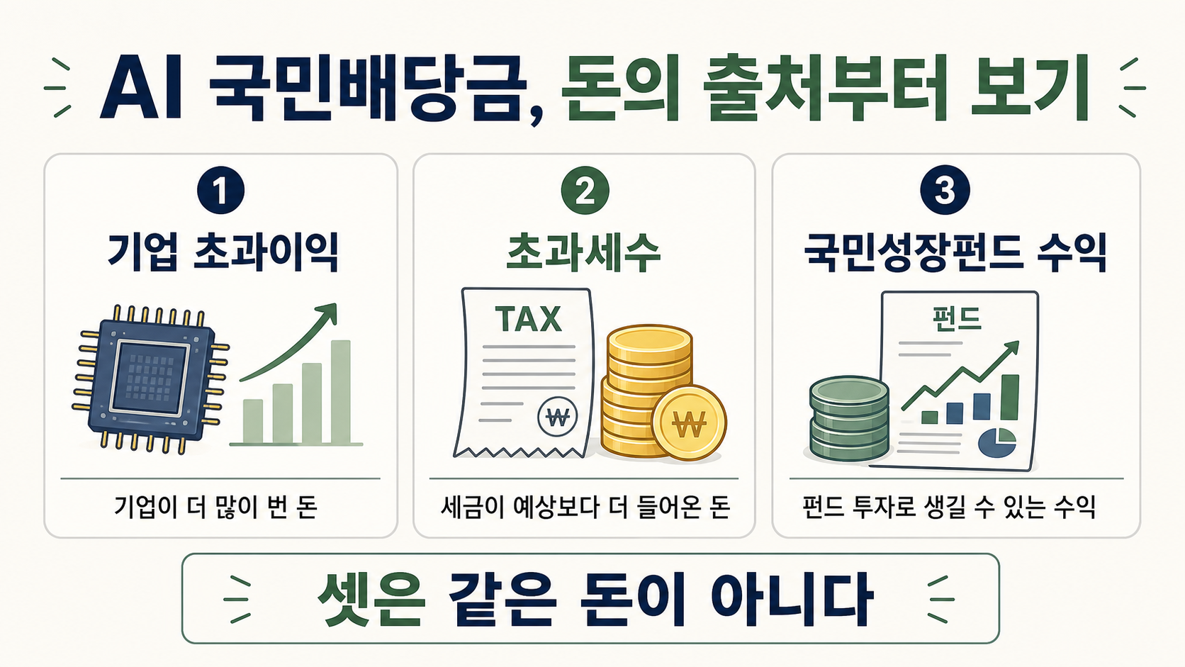 AI 국민배당금 논란에서 기업 초과이익 초과세수 국민성장펀드 수익의 차이를 설명한 인포그래픽