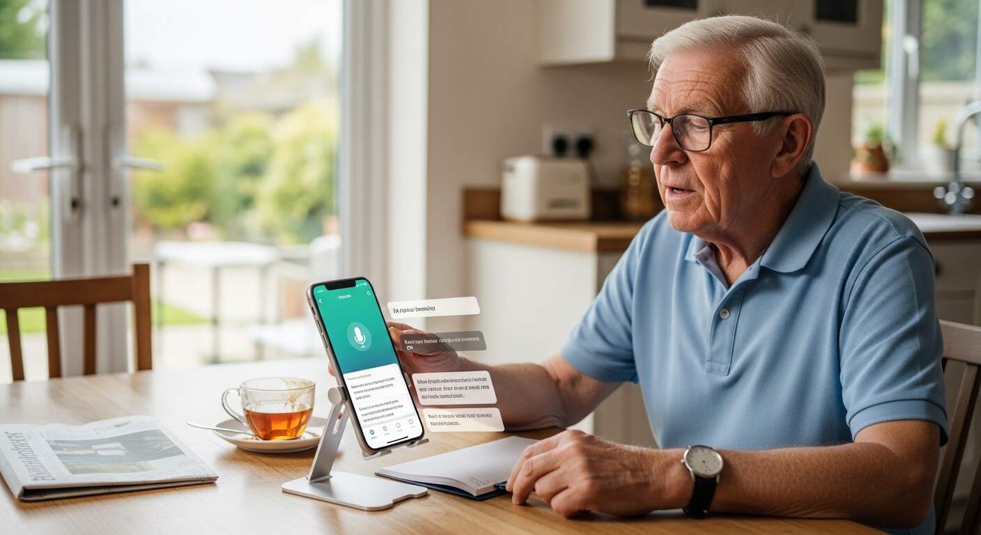 시니어가 음성으로 메모를 입력하는 AI 메모 정리 앱 사용 모습
