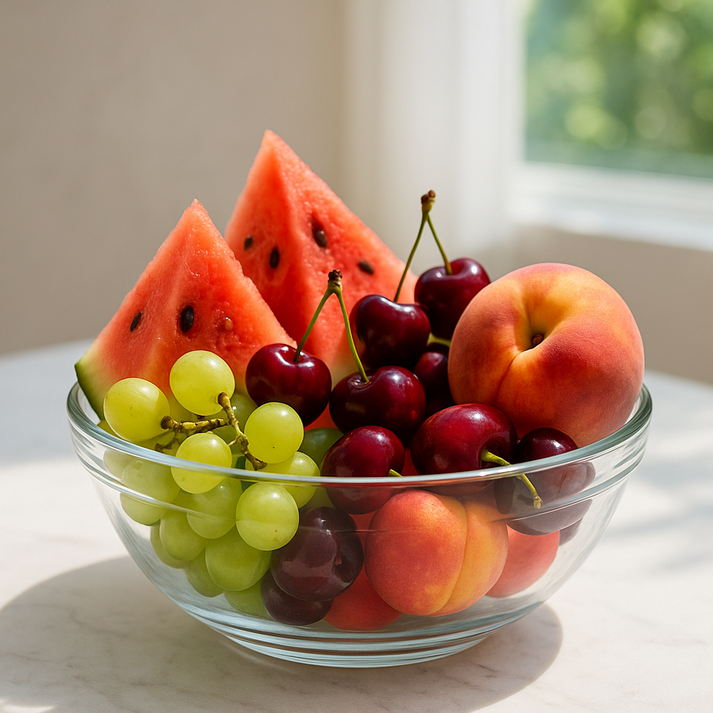 유리볼에 담긴 수박, 복숭아, 체리, 청포도