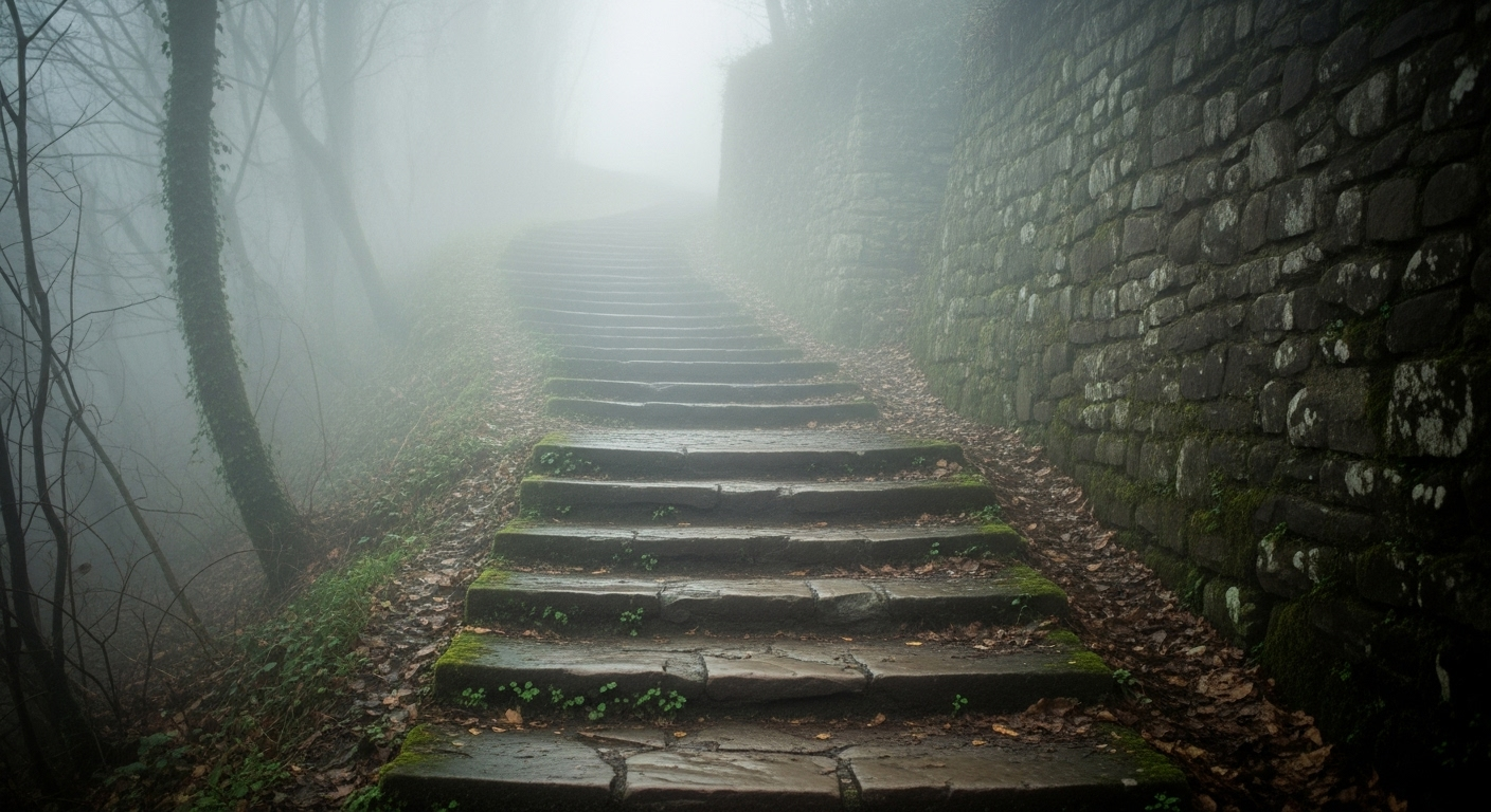 안개나 어둠 속으로 이어져 끝이 보이지 않는 길이나 계단