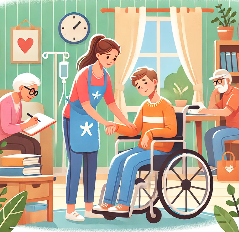 장애인활동을 보조하고 있는 사진