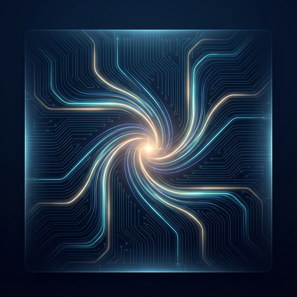 “복잡한 흐름이 한 중심으로 정렬되는 회로형 소용돌이 이미지 — 나노바나나 우회 과정의 핵심 원리를 시각적으로 표현한 장면