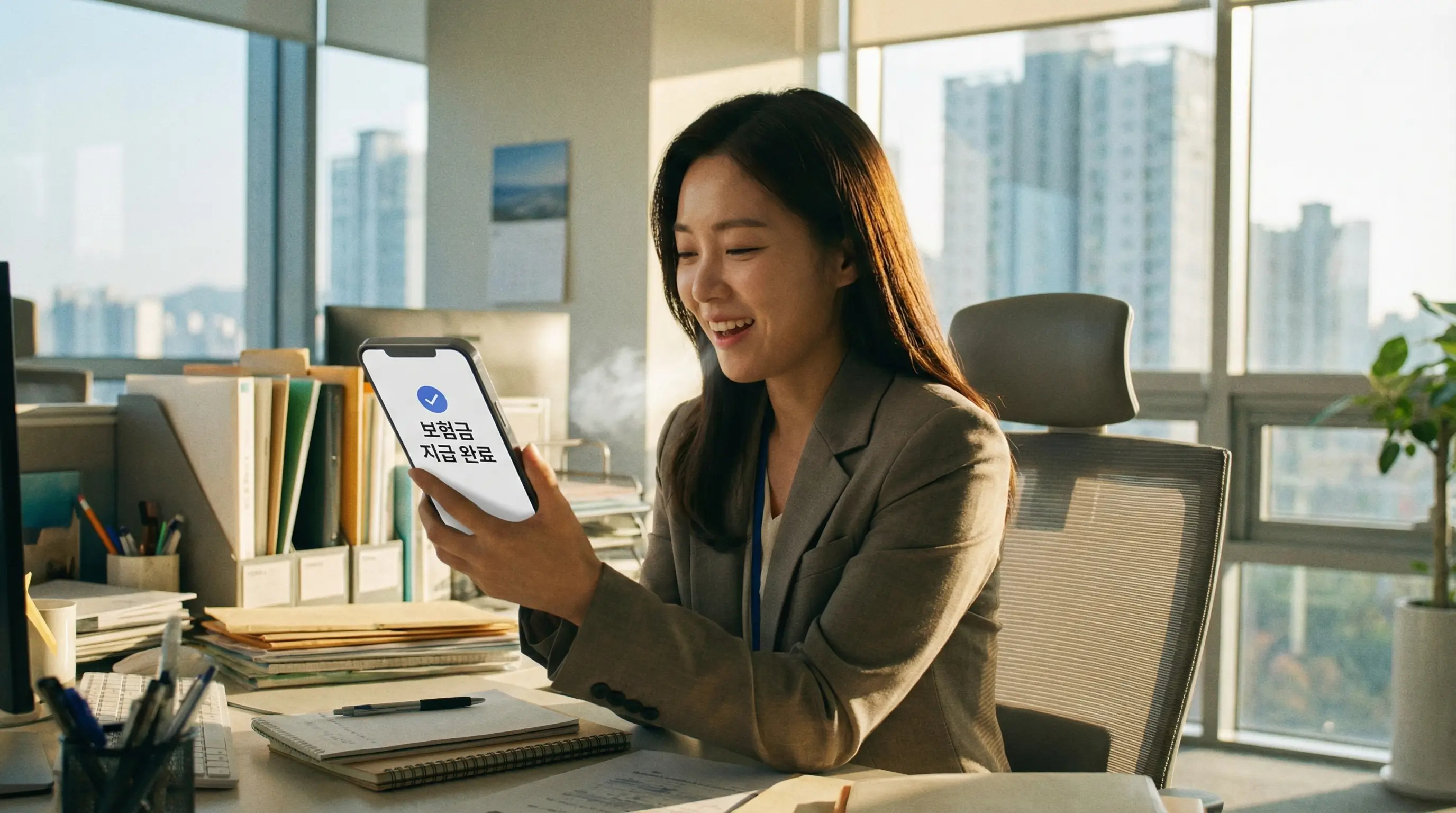 스마트폰 화면에 보험금 지급 완료 알림이 떠 있고 안도하는 표정의 직장인