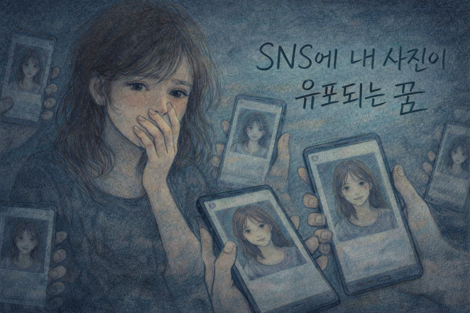 차분한 회청 톤에서 내 사진 유포로 불안한 여성과 스마트폰들