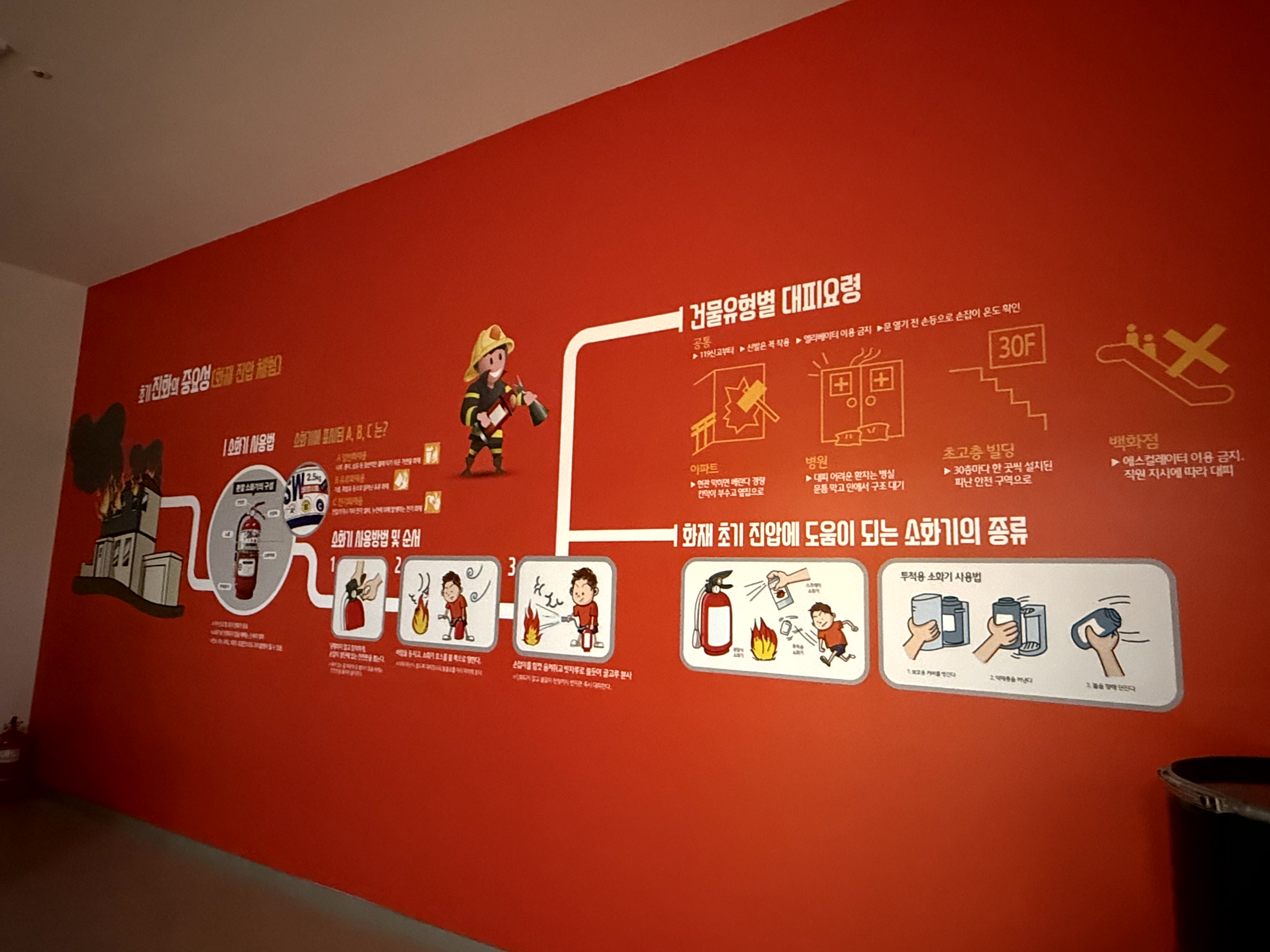 화재 진압 요령과 소화기 사용법을 그림으로 설명하는 빨간색 벽면 그래픽