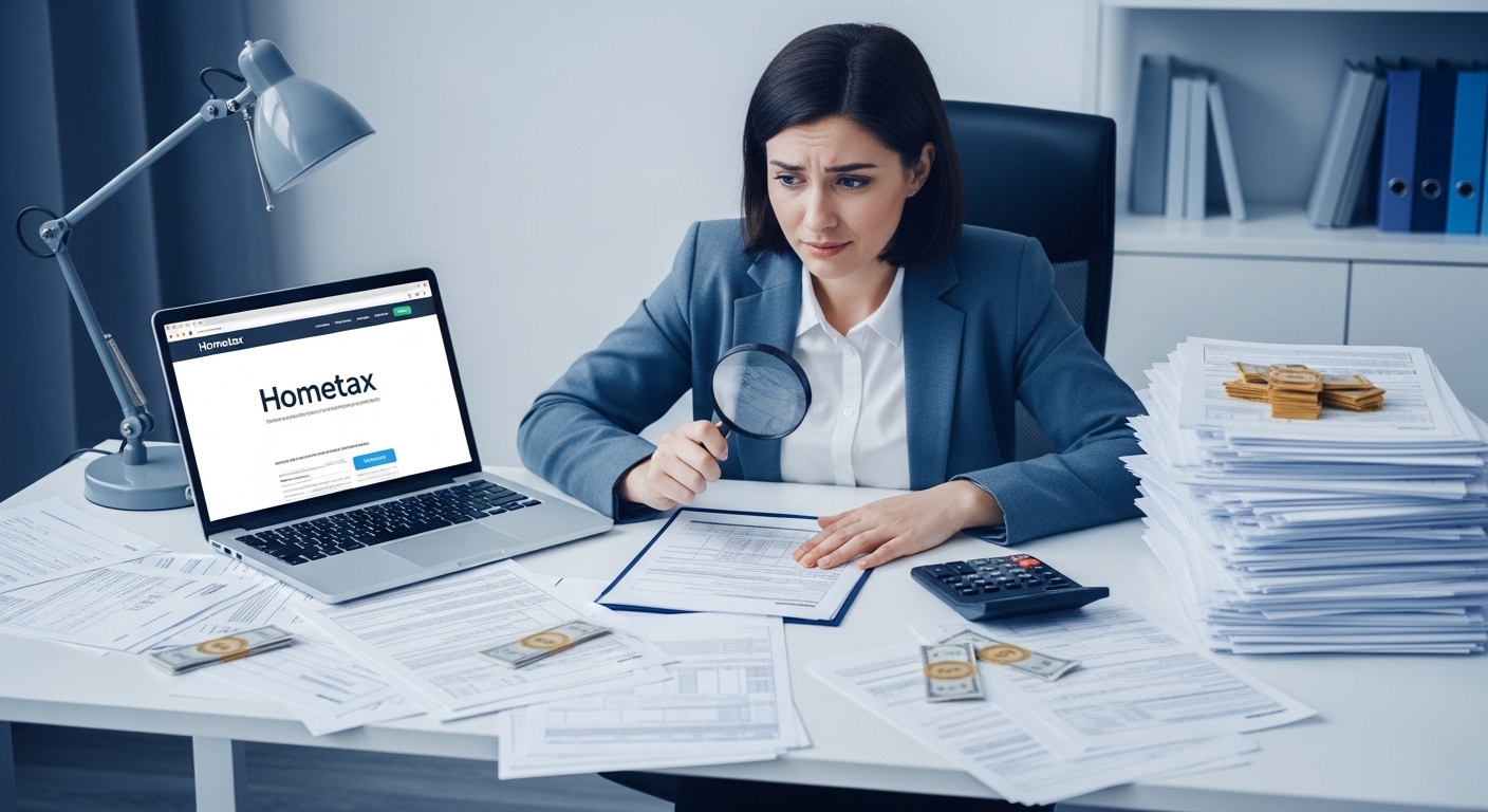 2026년 연말정산 서류를 검토하며 경정청구를 통해 환급금을 찾아내려는 사람의 모습