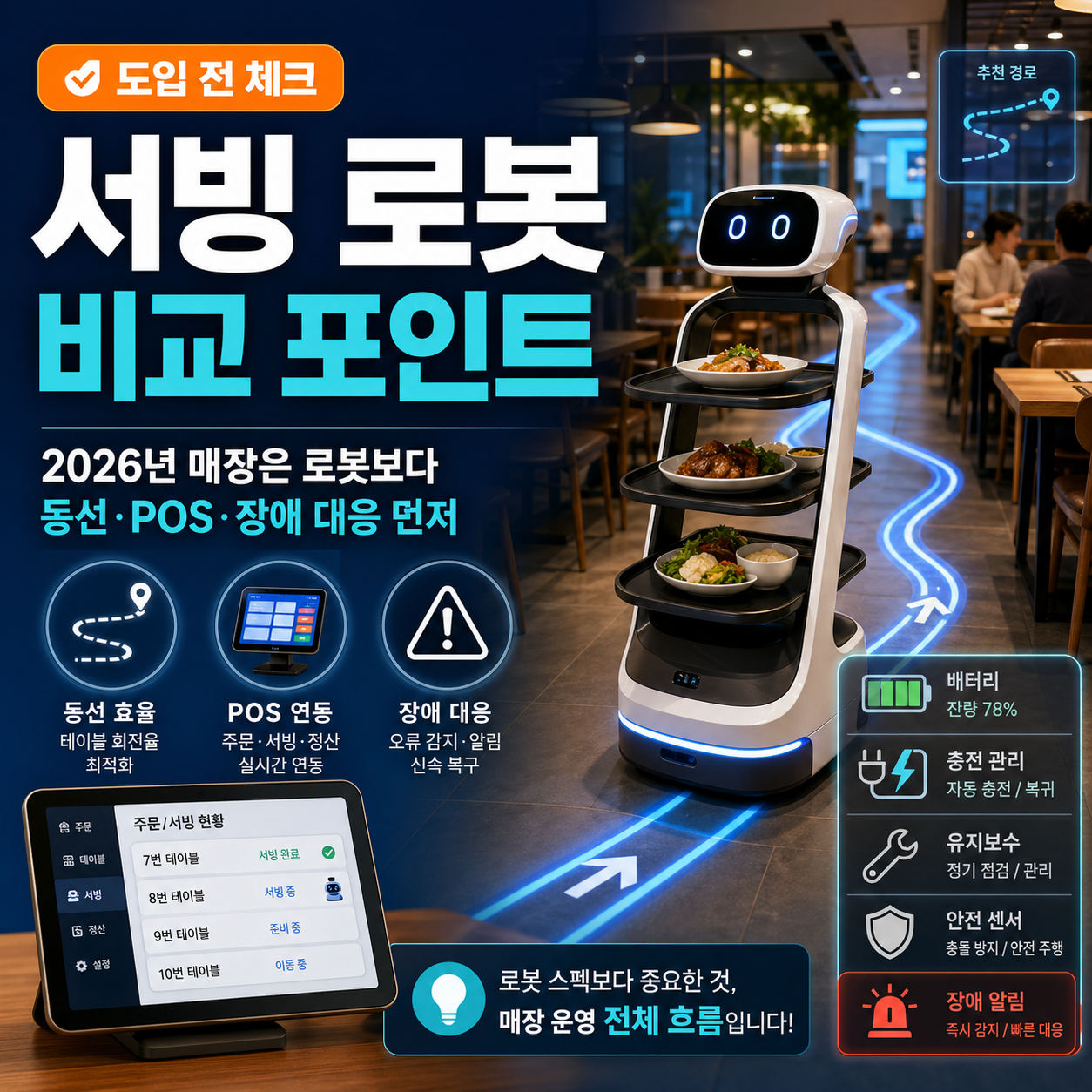 2026년 서빙 로봇 도입 전 매장 동선, POS 연동, 장애 대응을 비교하는 블로그 썸네일 이미지