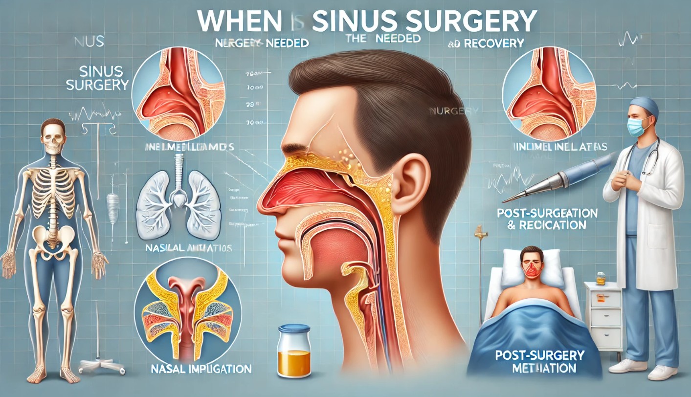 부비동 염증이 있는 부위를 강조한 해부도, 단계별 수술 절차, 코 세척 및 약물 치료 등의 회복 과정이 포함됨.