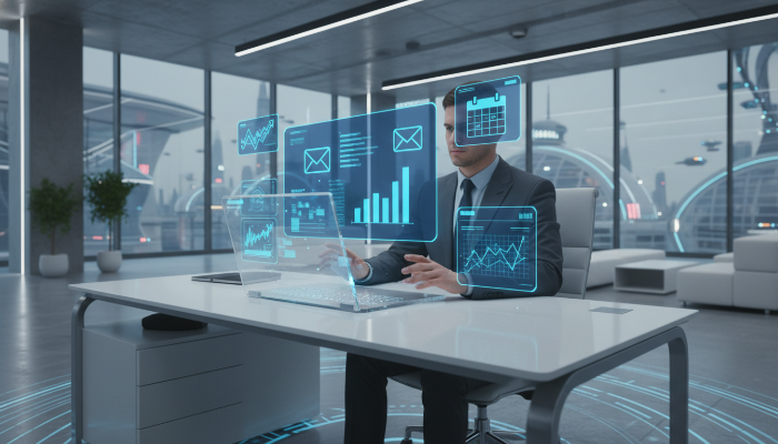 2025년 미래 지향적인 사무실에서 클래식 블루 테마의 AI 업무 도구들을 활용하는 모습