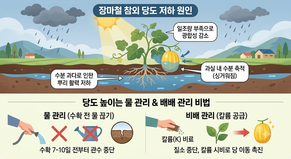 장마철 수분 과다와 일조량 부족으로 인한 참외 당도 저하 현상과 이를 해결하기 위한 배수 관리, 칼륨 시비, 물 끊기 요령을 보여주는 인포그래픽