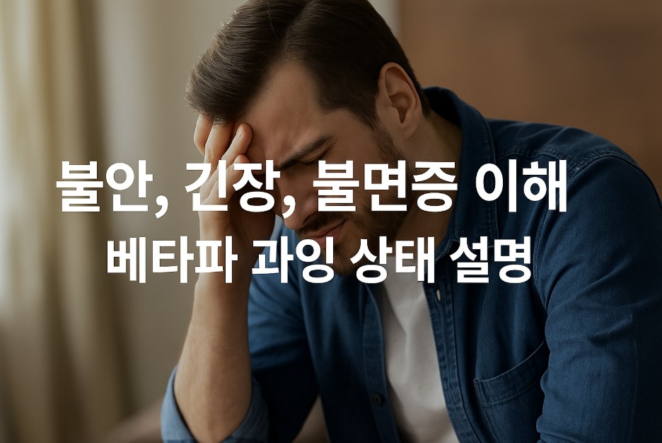 한 남성이 어두운 공간에 앉아 고개를 숙이고 이마를 짚으며 불안과 긴장을 표현하고 있으며, 그의 뒤에는 흐릿한 배경이 감정적 혼란을 시각화한다. 이미지 중앙에는 "불안, 긴장, 불면증 이해: 베타파 과잉 상태 설명"이라는 문구가 선명하고 크게 삽입되어 주제를 강조하고 있다. 이 이미지는 베타파 과잉으로 인한 정신적 피로와 수면 장애를 직관적으로 보여주는 시각 콘텐츠로 구성되어 있다.