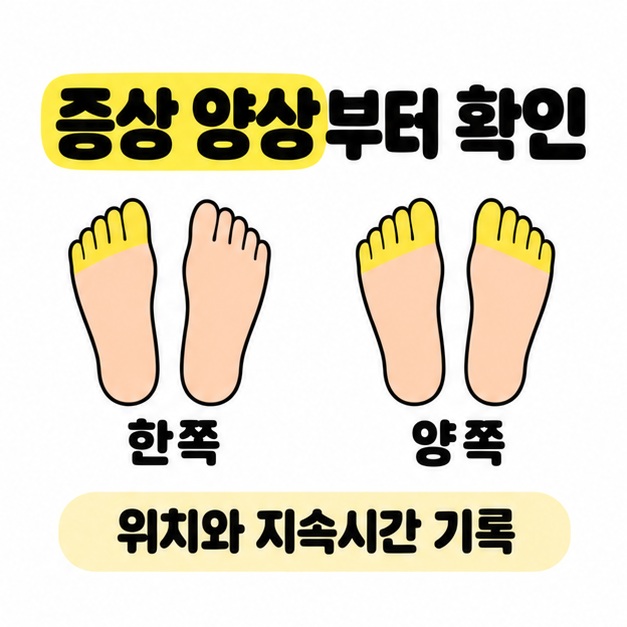 한쪽 발끝만 저린 경우와 양쪽 발끝이 저린 경우를 비교하고 위치와 지속시간 기록을 안내한 그림