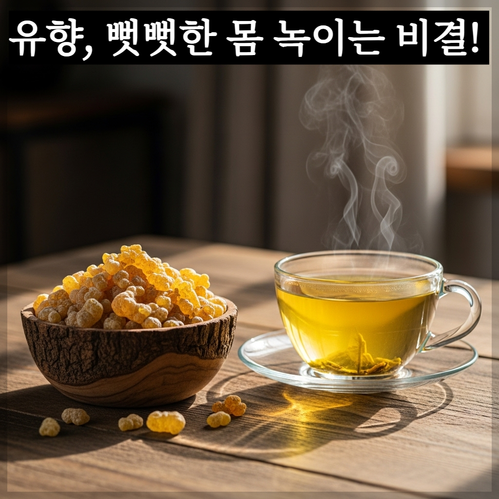 따스한 아침 햇살이 비치는 나무 테이블 위에 정갈하게 담긴 황금빛 유향 수지 조각들과 투명한 찻잔 속에 담긴 맑은 유향 차에서 하얀 김이 모락모락 피어오르는 치유 분위기의 실사 이미지