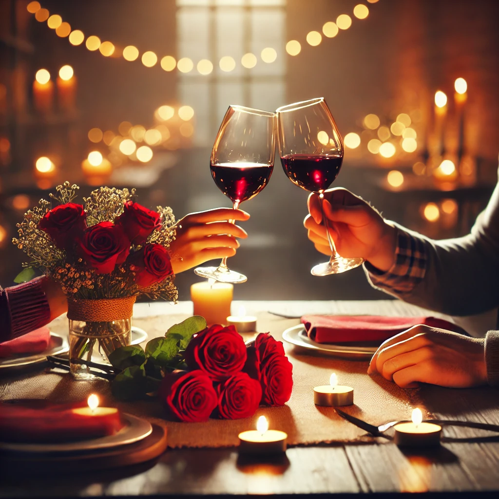 연인과 함께 와인잔을 부딪히는 로멘틱한 분위기의 사진