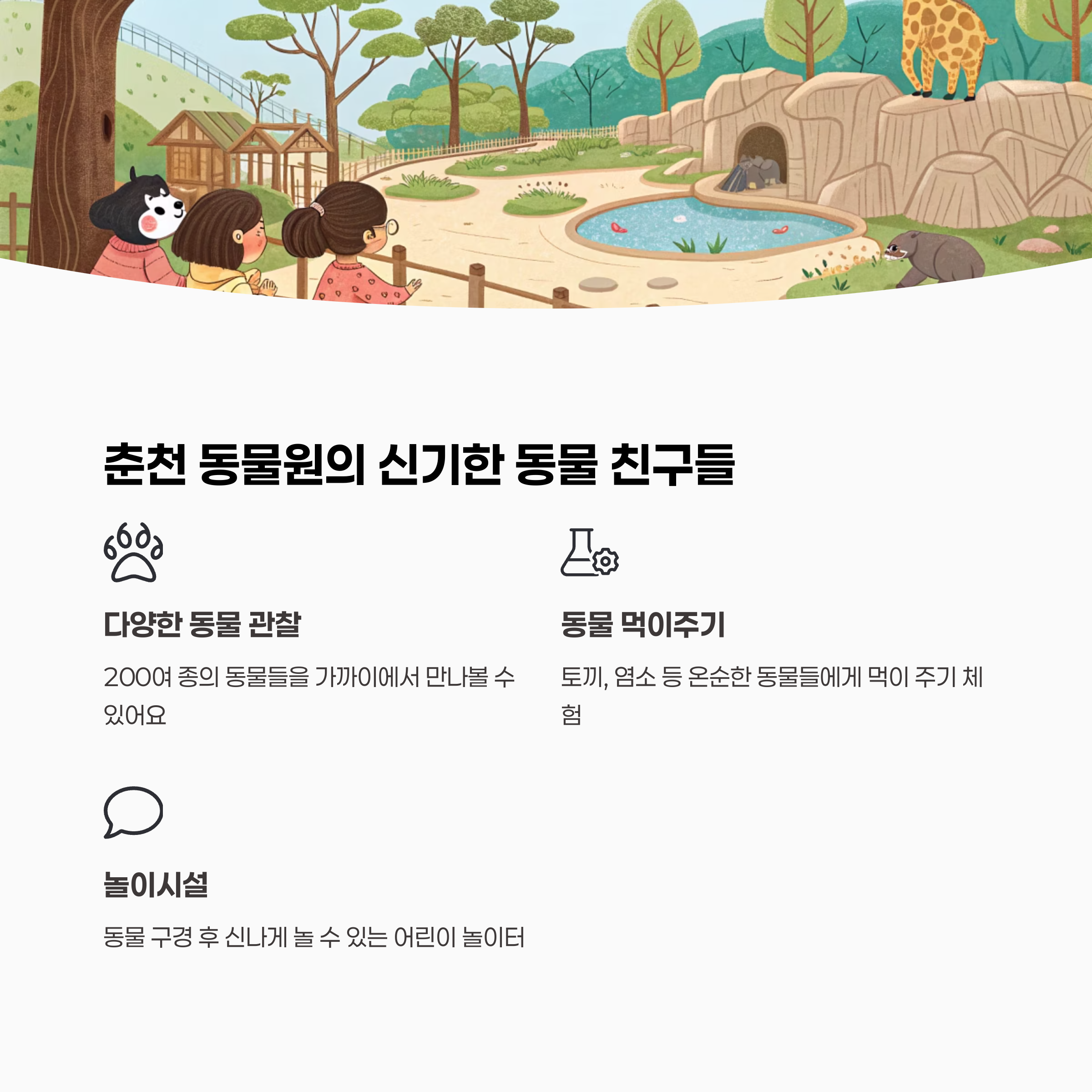 아이들이 동물에게 먹이를 주는 모습 또는 춘천 동물원의 다양한 동물들