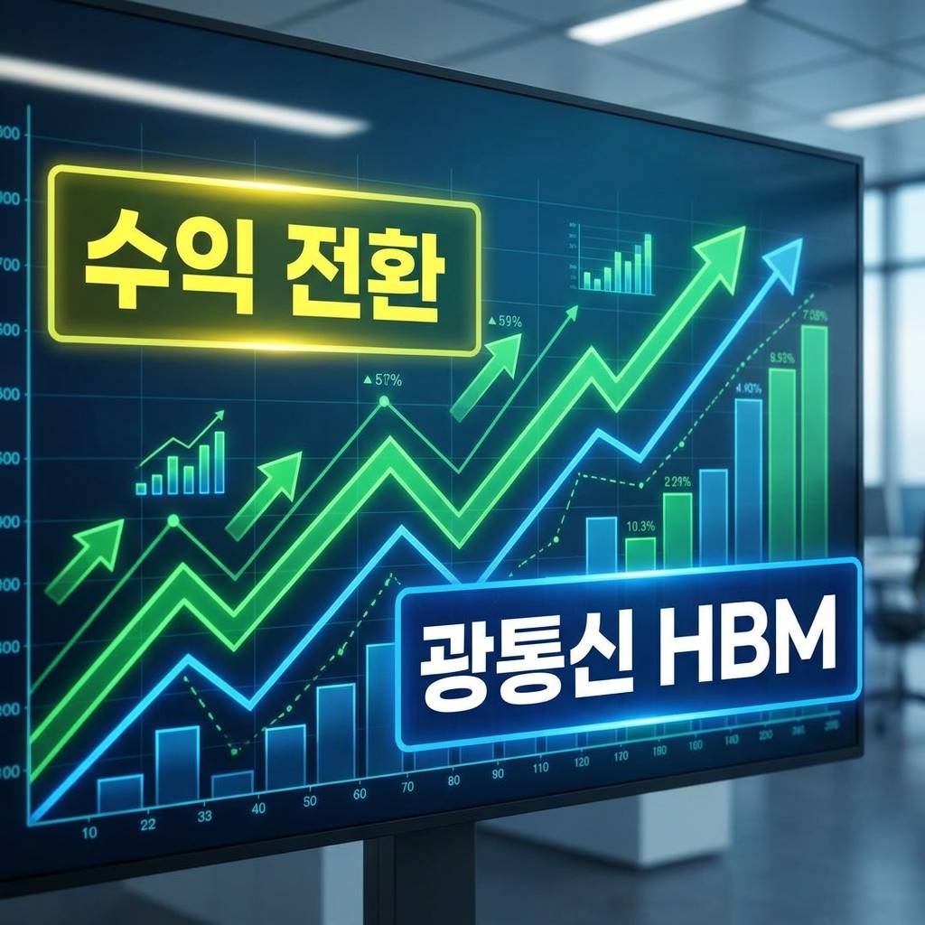 주식 차트 위에 '흑자 전환'과 '광통신 HBM' 글자가 강조된 인포그래픽