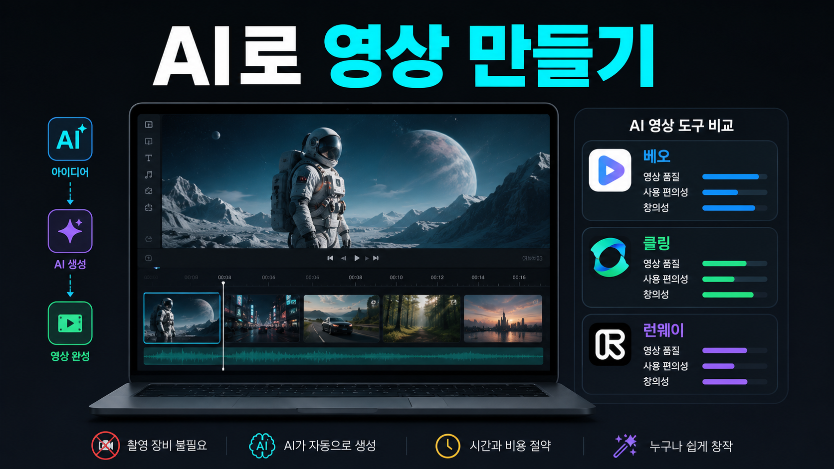 AI로 영상 만들기를 2026년 최신 기준으로 깊이 있게 정리했습니다. 전문가가 영상 AI를 보는 6가지 기준부터 베오·클링·런웨이의 해상도·음성·초당 단가 비교, 1인 사업자가 촬영 없이 홍보 영상 만드는 실전 전략까지 담았습니다.