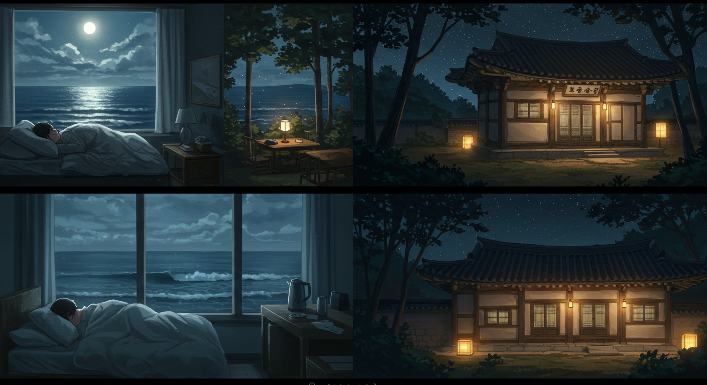 강원도 밤의 매력을 담은 바다, 숲, 한옥 숙박지 풍경