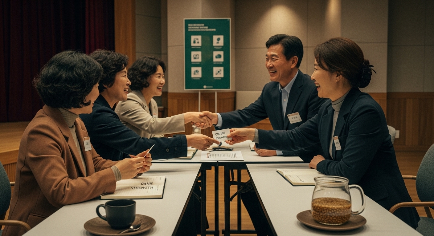 커뮤니티 모임에서 자기소개와 강점 한 줄을 공유하는 50~60대 한국인들의 둥근 테이블 대화 장면