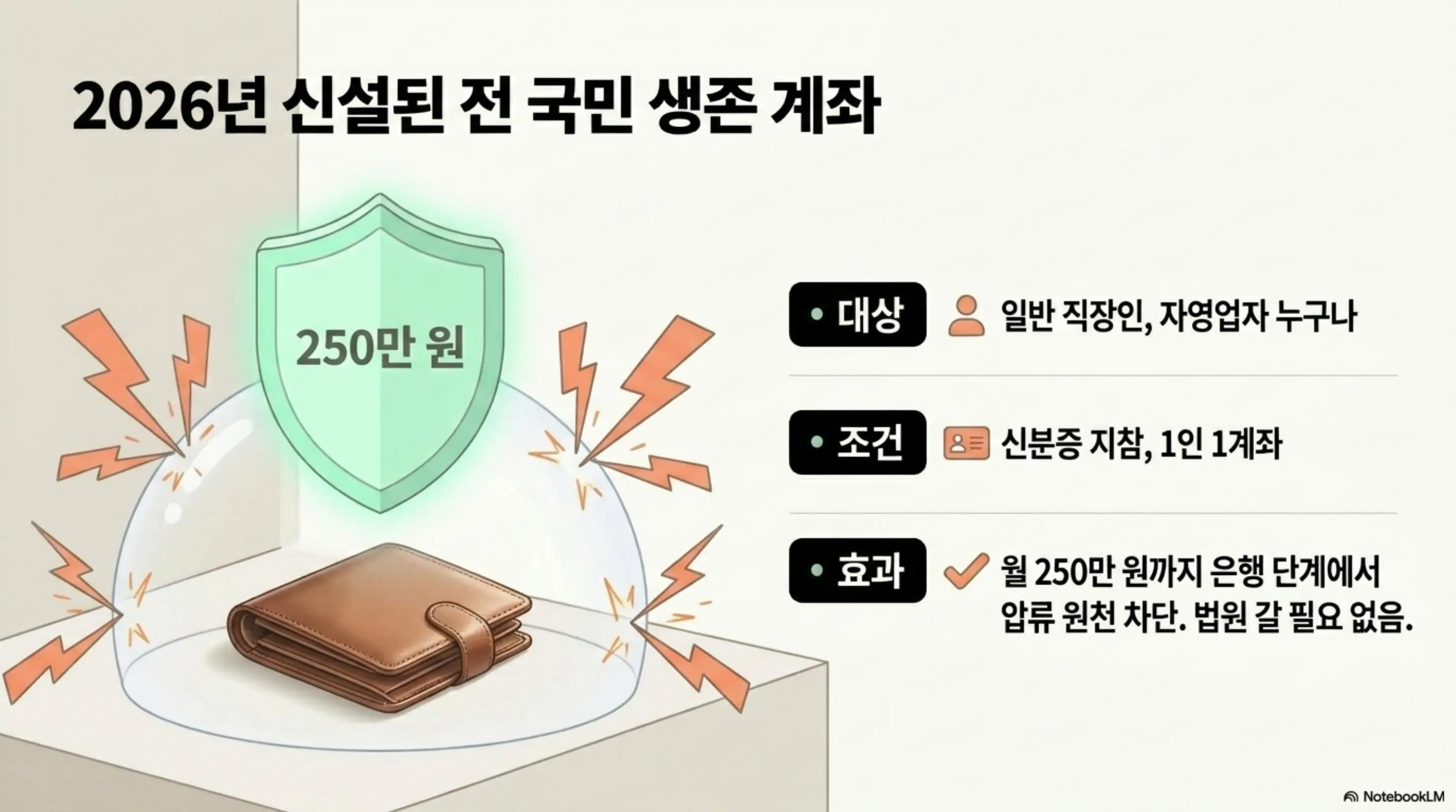 세금체납 통장압류 피하는법: 2026년 신설된 전 국민 생존 계좌라는 제목의 인포그래픽. 번개를 방어하는 보호막 안에 지갑과 250만 원 표시가 있고 대상은 일반 직장인 자영업자 누구나이며 조건은 신분증 지참 1인 1계좌이고 효과는 월 250만 원까지 은행 단계에서 압류 원천 차단 법원 갈 필요 없음을 안내하며 블로그의 생계비계좌 제도와 관련된 내용을 설명함 