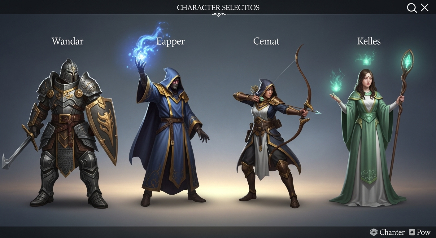 아키텍트의 주요 직업인 전사, 마법사, 궁수, 힐러의 캐릭터 모습. 각 직업의 특징이 잘 드러나도록 디자인되어 있습니다.