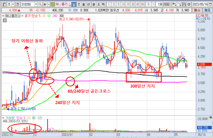 5월 16일 애니플러스 주가 일봉 차트 분석