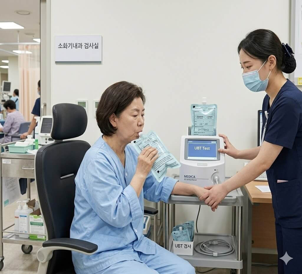 헬리코박터제균여부를 확인하기 위한 요소호기검사를 받는 중년여성