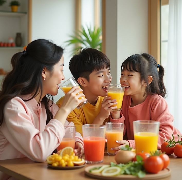 디톡스 주스 마시는 가족 이미지