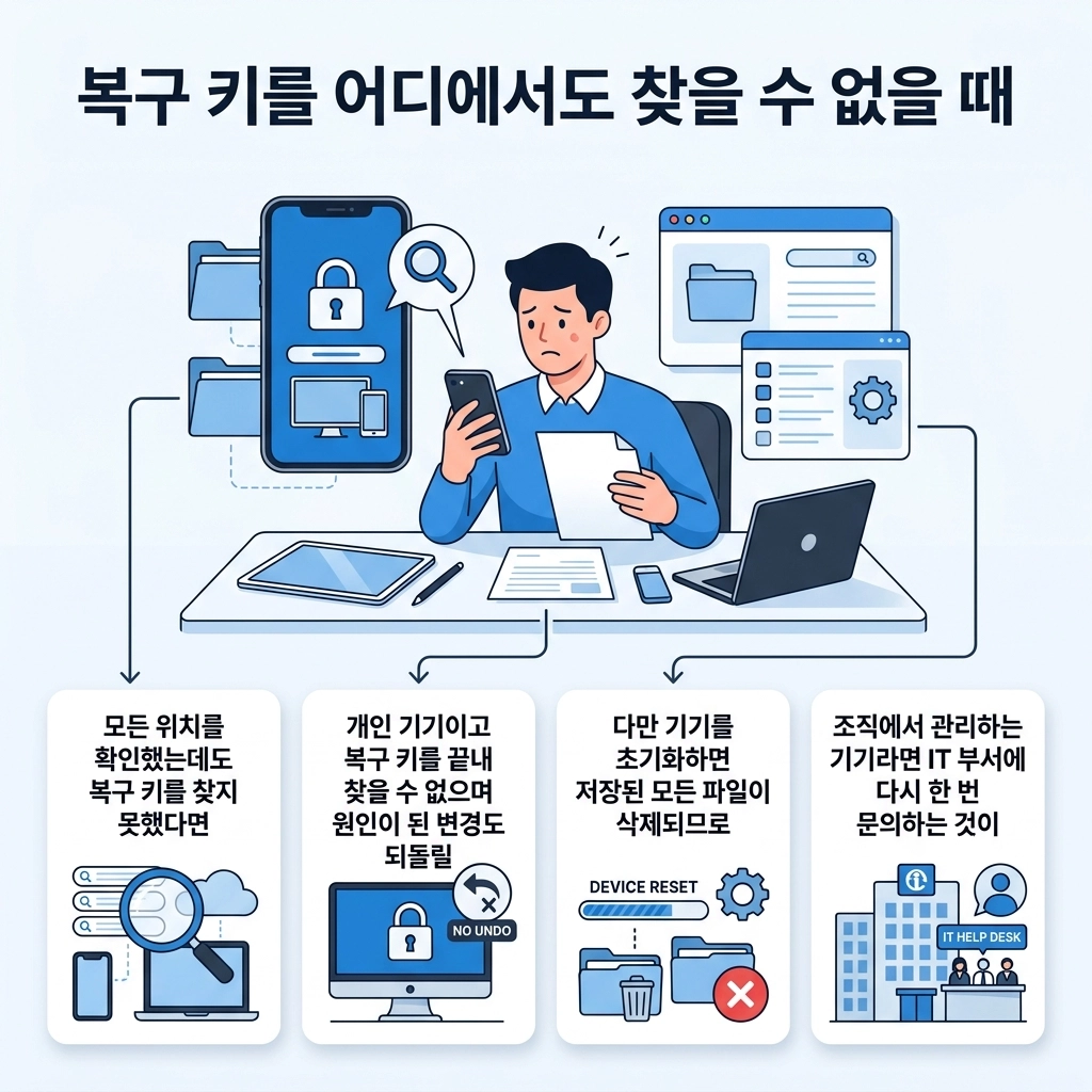 복구 키를 어디에서도 찾을 수 없을 때의 핵심 확인 항목을 한눈에 정리한 체크리스트 이미지