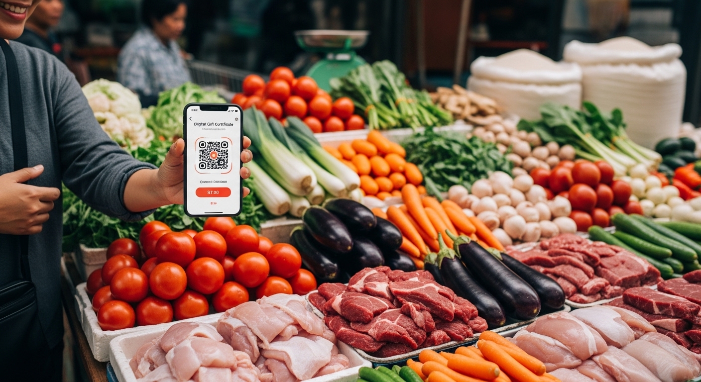 전통시장에서 스마트폰 디지털 상품권으로 신선한 채소와 고기 등 식료품을 알뜰하게 구매하는 사람의 모습