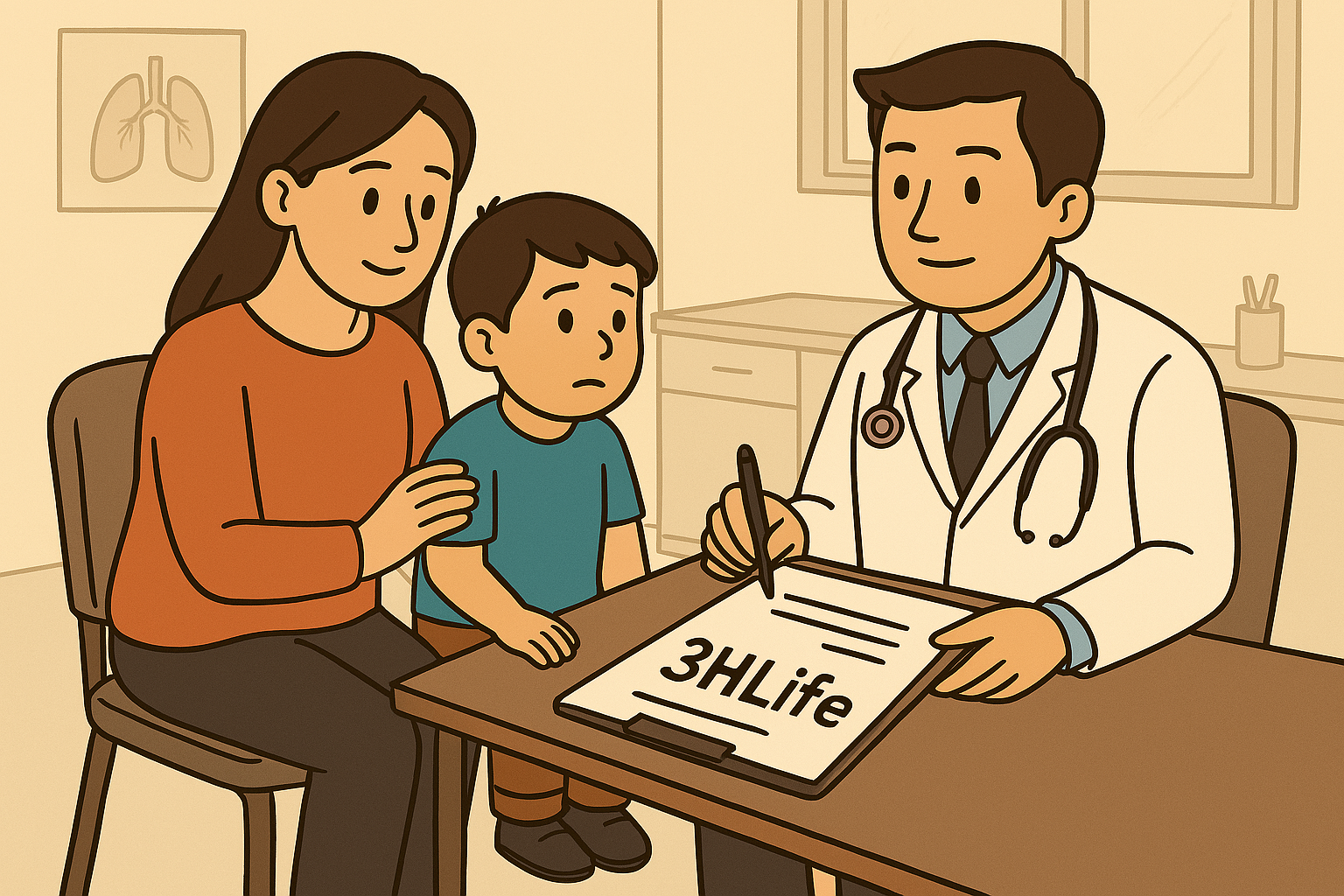 엄마와 아이가 의사에게 중이염진료를 받고 있음