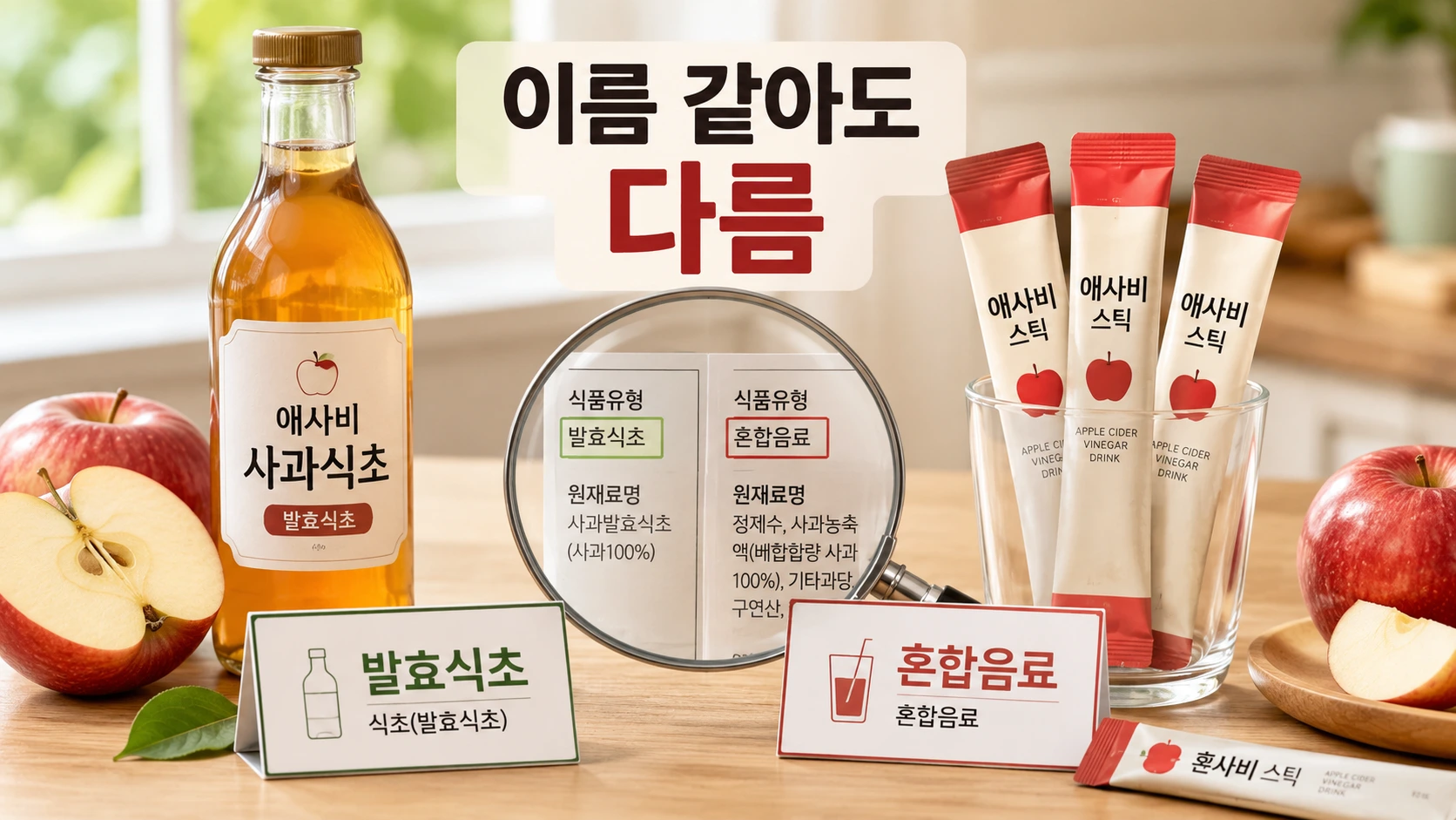 애사비 발효식초 병과 혼합음료 스틱을 놓고 식품유형 차이를 비교하는 모습