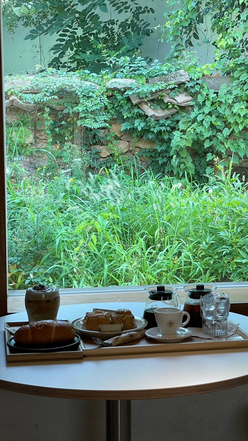 카페 밖으로 보이는 옛 흙담