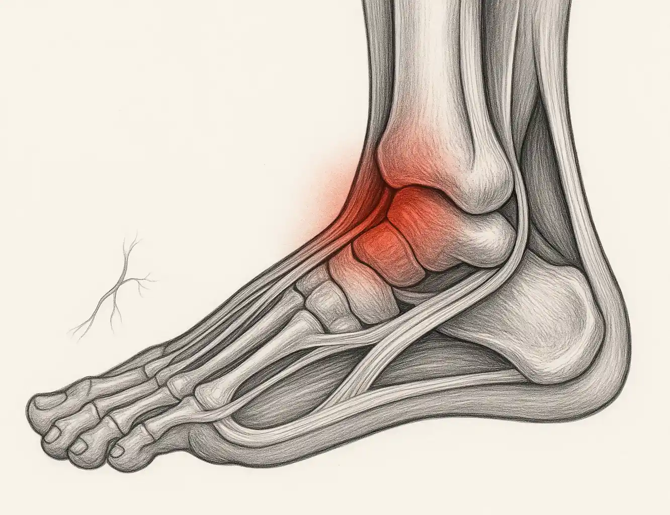 발바닥 근막이 붉게 표시된 해부학적 그림, 통증이 발뒤꿈치에서 발목까지 전달