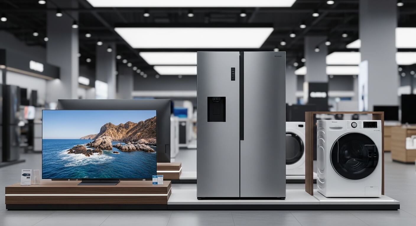 대형 가전 매장에 전시된 양문형 냉장고&amp;#44; 세탁기&amp;#44; TV