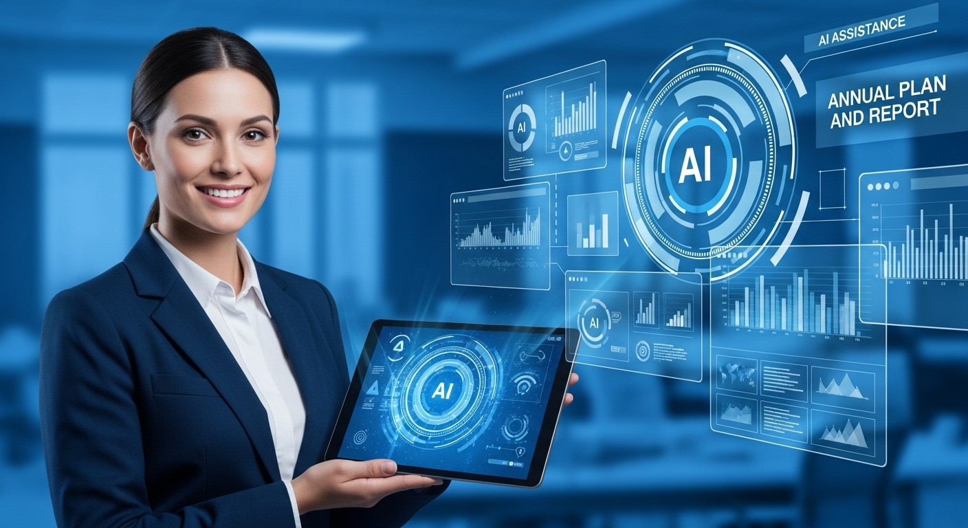 클래식 블루 테마의 현대적인 사무실에서 AI가 연간계획서와 보고서 PPT 프레젠테이션을 자동으로 생성하는 모습. 효율적이고 전문적인 업무 환경을 시각화.