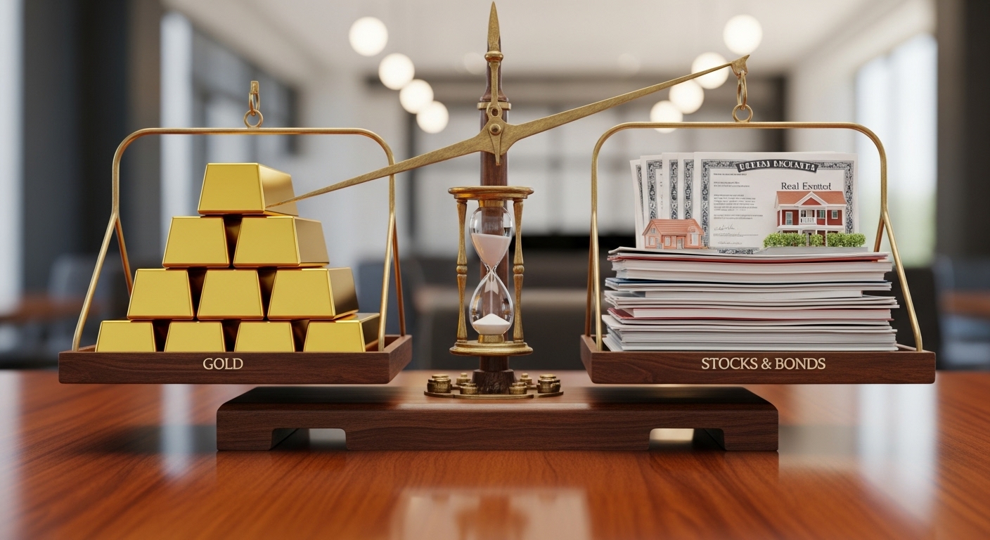 투자 포트폴리오 리밸런싱을 상징하는 저울 이미지