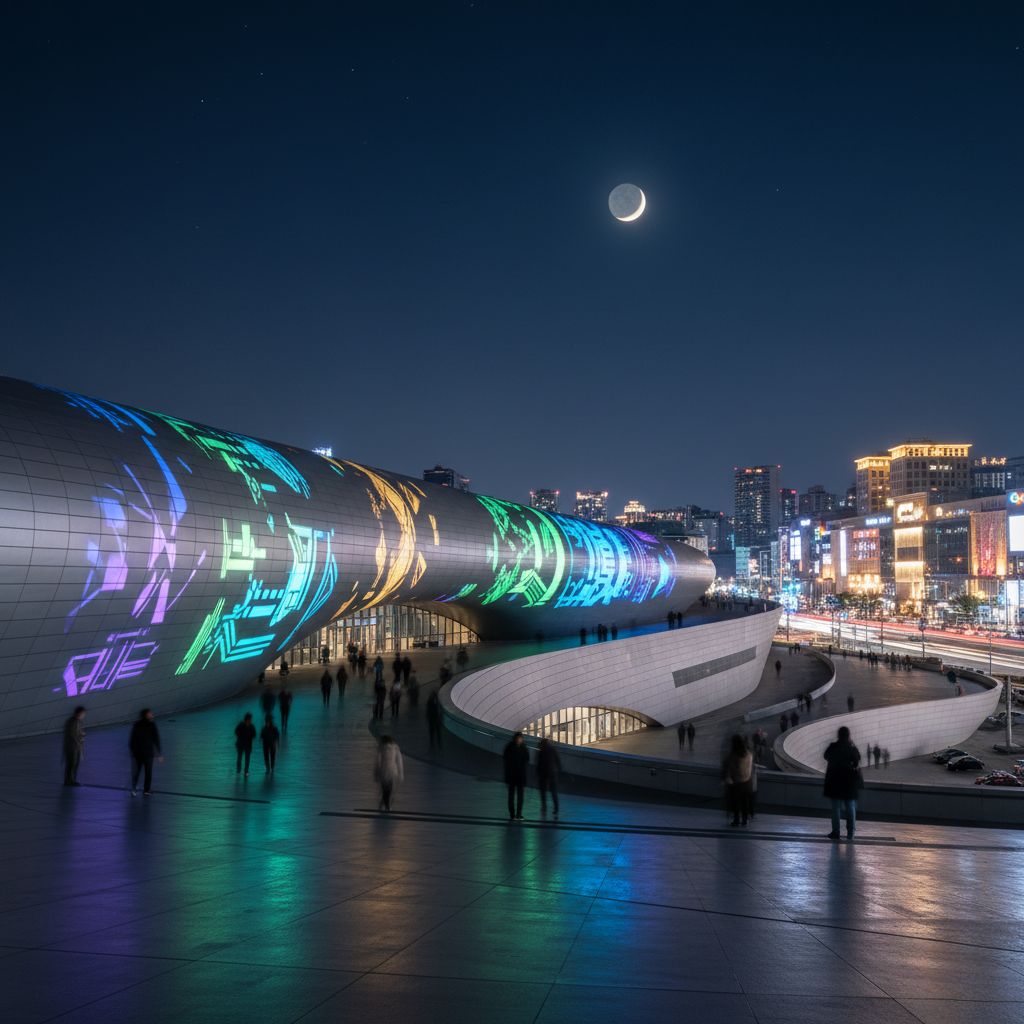 서울 DDP 야경과 미디어 파사드가 펼쳐지는 겨울밤 풍경