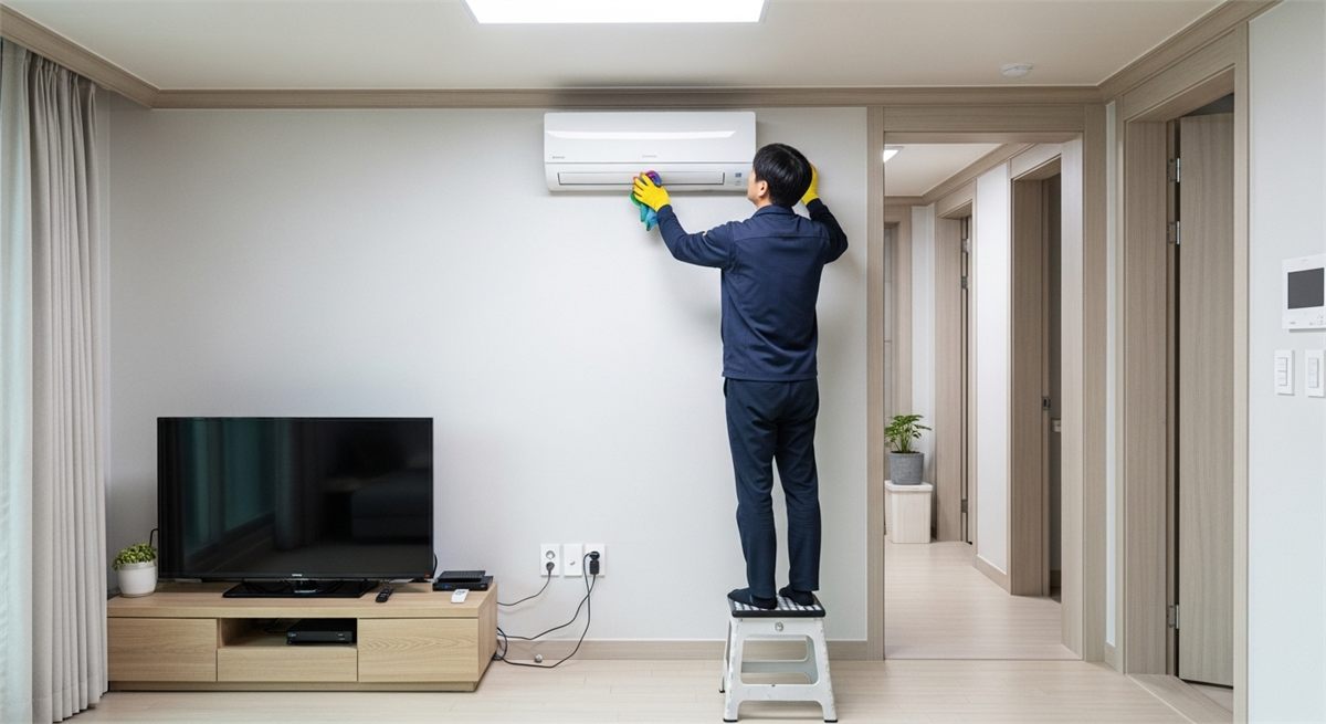 한국 가정에서 에어컨 상태를 올려다보며 점검하는 모습 