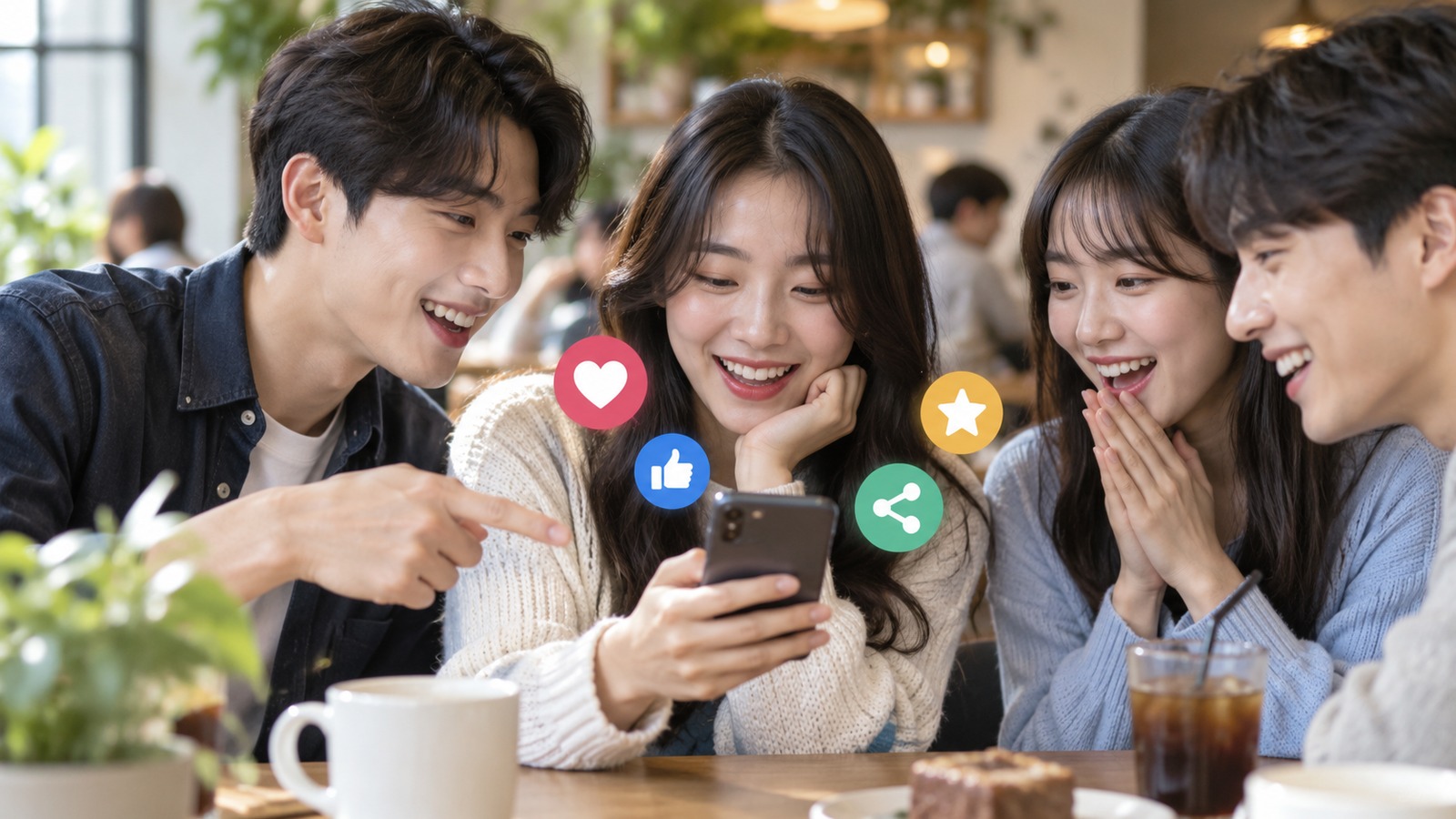 카페에서 스마트폰 콘텐츠에 좋아요와 공유 반응을 보이는 사람들