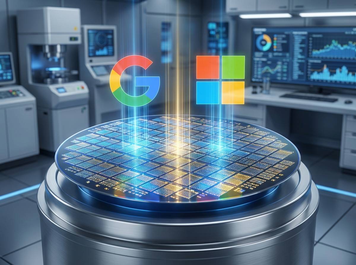 반도체 칩이 가득 찬 웨이퍼 위에 구글과 마이크로소프트의 로고가 홀로그램으로 떠오르는 세련된 비즈니스 이미지